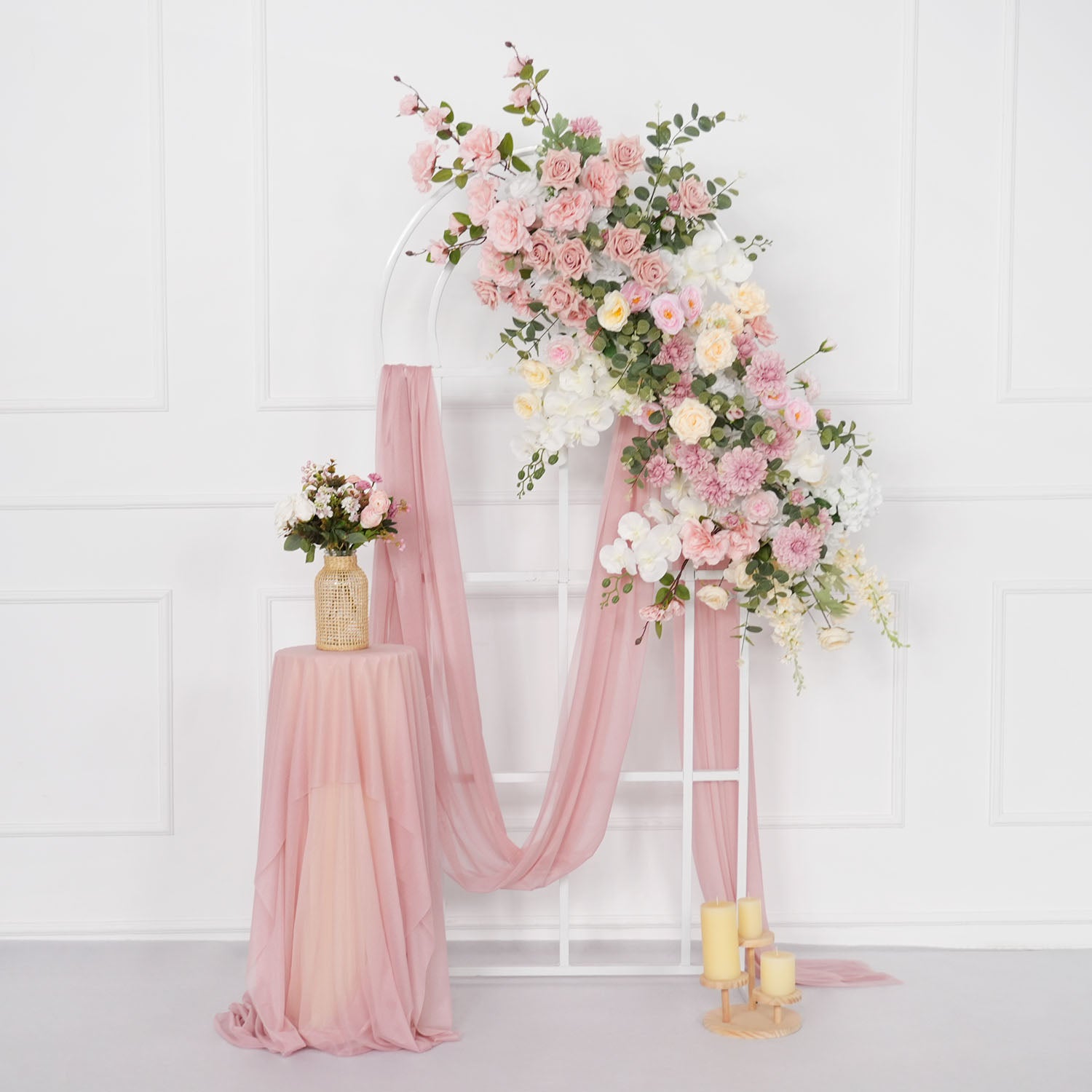 Uflower Artificial Pink Rose Green Leaf Flower Row Wedding KT Backdrop Decor